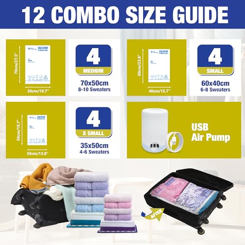 Image of HIBAG Travel Vacuum Bags with Electric Pump for Luggage and Suitcase, Vacuum Seal Compression Packing Bags for Clothes Clothing, Combo 12 Pack
