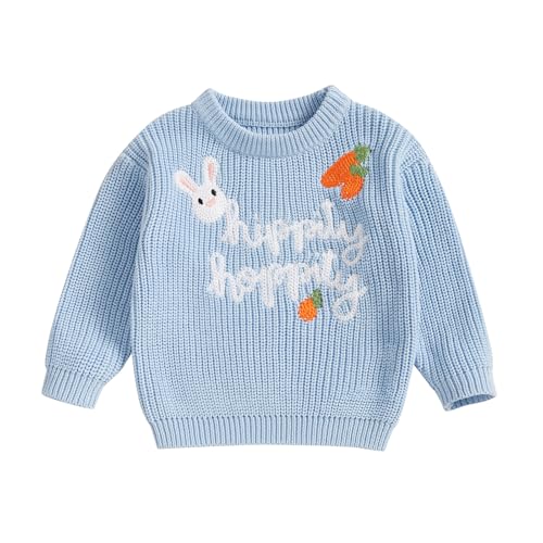 Aiwpstoin Baby Girl Boy Easter Outfit Bunny Knit Sweater Crewneck Long Sleeve Embroidered Sweater Cute Toddler Spring Clothes (Hip Blue, 2-3 Years)