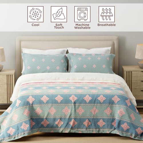 Image of Layers 100% Cotton for King Size Bed | 120 TC Ethnic Print, Soft, Breathable, Machine Washable Bedsheet with 2 Pillow Covers | Forever Collection (274 x 274 cm) - Blue & White