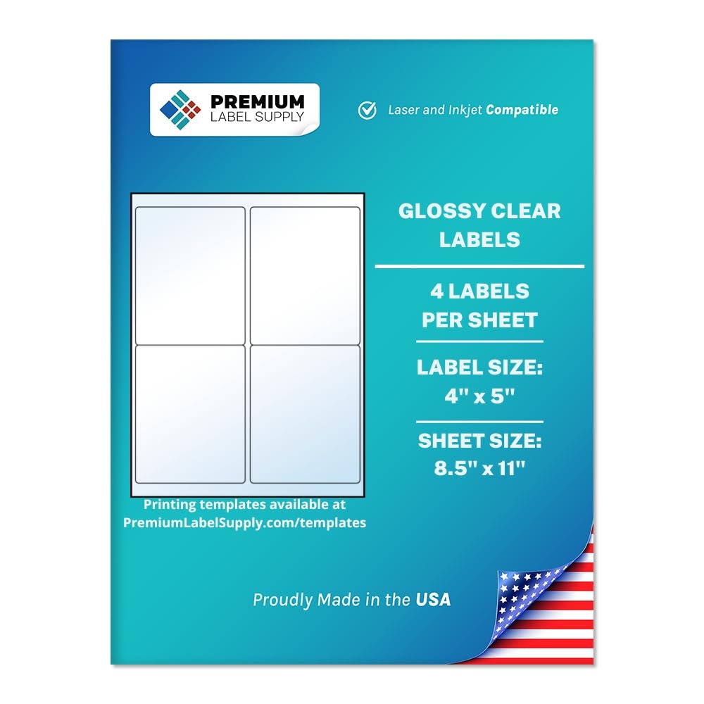 Premium Label Supply Etiquetas transparentes brillantes, 4 x 5 pulgadas, compatibles con láser/inyección de tinta, (4 etiquetas/hoja), 10 hojas, 40 etiquetas adhesivas en total