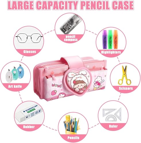 Image of Invite Canvas Kawaii Pencil Case 3 Compartment Cute Aesthetic Pencil Case for Girls Large Capacity Pen Pencil Pouch Multifunctional Stationery Organizer for School Office Kids (Heart Shape-Pink)