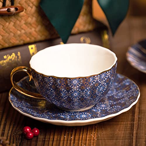 Taimei Teatime Porcelain Tea Cup And Saucer Set Of 2, 6 Oz Coffee Cup And Saucer With Exotic Moroccan Style Pattern, Tea Cups Set Gift For Tea Lovers (Blue) #TOP3