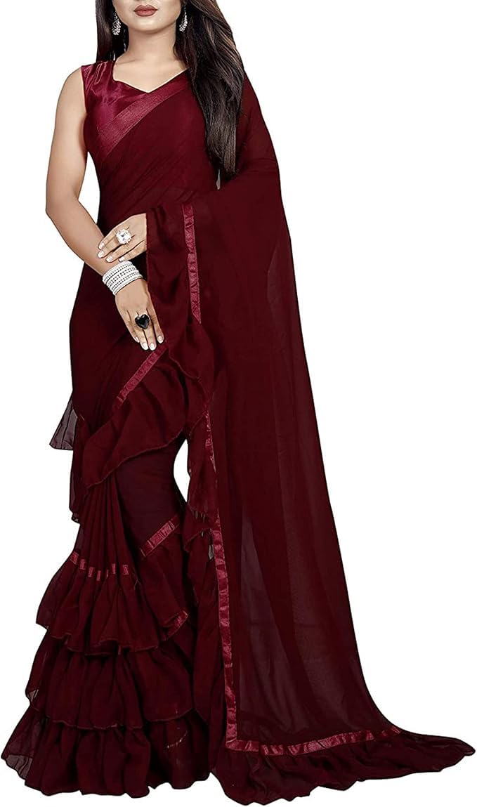 VIBRANCESaree Ruffle Georgette Ethnic Indian Women Party Wear Frill Designer Border Sari