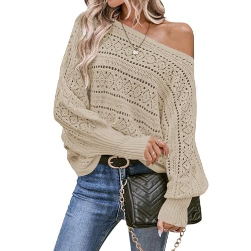 Cakulo Womens Off Shoulder Sweater Top Fall Outfits Fashion 2025 Oversized Knit Batwing Long Sleeve Crochet Pullover Sweaters