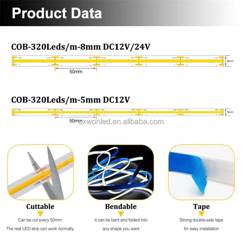Tira LED COB 5 m 3000K Blanco Cálido 528 LEDs/m miniatura 6