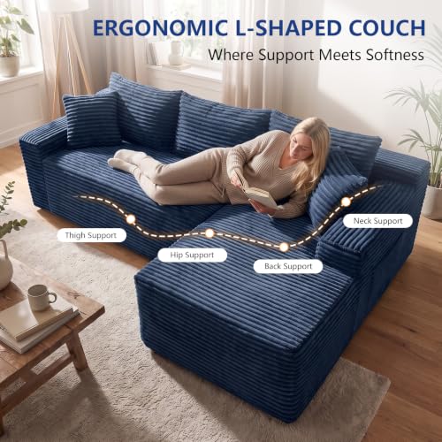 Image of 106.3 inch L Shaped Boneless Sectional Corduroy Couches for Living Room (Blue)