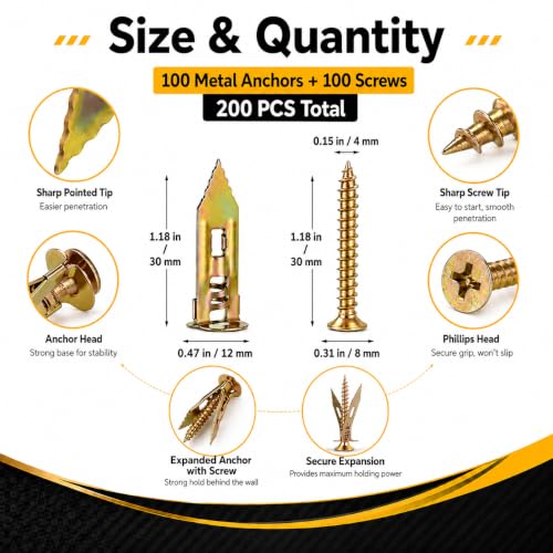 Image of Jyphorixal 200 PCS Self Drilling Drywall Anchors with Screws Kit, Heavy Duty Metal Wall Anchors for Drywall, Sheetrock Anchors 0.47x1.18inch with Screws, No Drill Dry Wall Anchors and Screws Kit