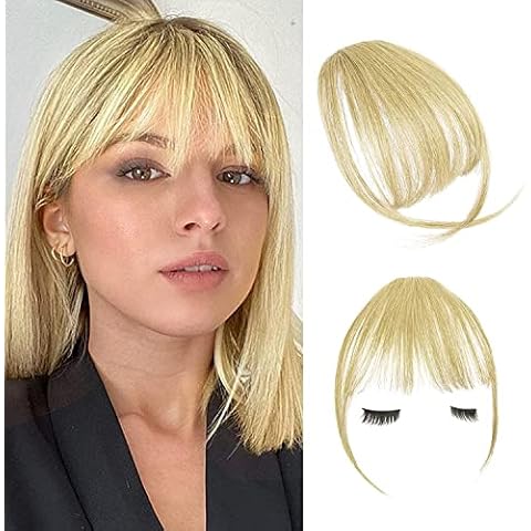 FESHFEN Clip in Fringe Extension, Wispy Fringe Clip in Bangs 100% Remy Human Hair Wispy Fringe Extensions Clip Air Bangs Light Bleach Blonde Hairpieces Real Hair Piece Fringe For Women Girls Cover