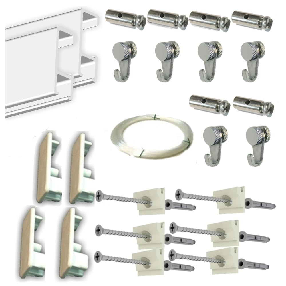 Pack Basic RM de 3 Metros Guías de Aluminio Blanco con 6 colgadores Nylon para Colgar Cuadros……… (Blanco, 3 metros + 6 colgadores)