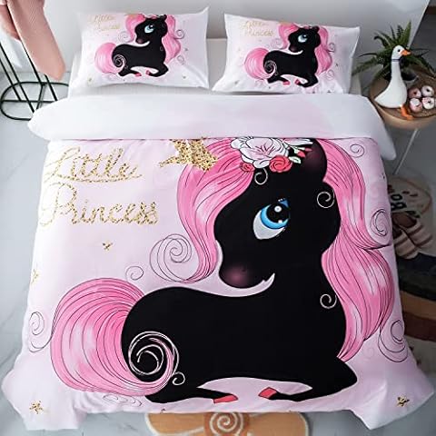 ADASMILE A & S Black Unicorn Full Size Bedding for Kids Cute Pink Unicorn Comforter Cover Little Princess Star Printed Unicorn Bed Set Cartoon Unicorn Duvet Cover with 2 Unicorn Pillowcases Home Decor Cover