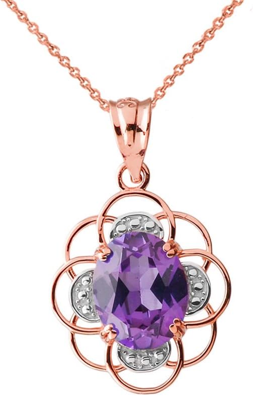 Precious 14k Rose Gold Flower of Life with Genuine Amethyst Center Stone Charm Pendant Necklace