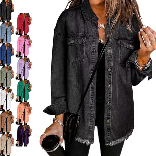 Meditatem 2025 Women's Casual Denim Button down Distressed Jacket, Women's Oversized Long Sleeve Shirts