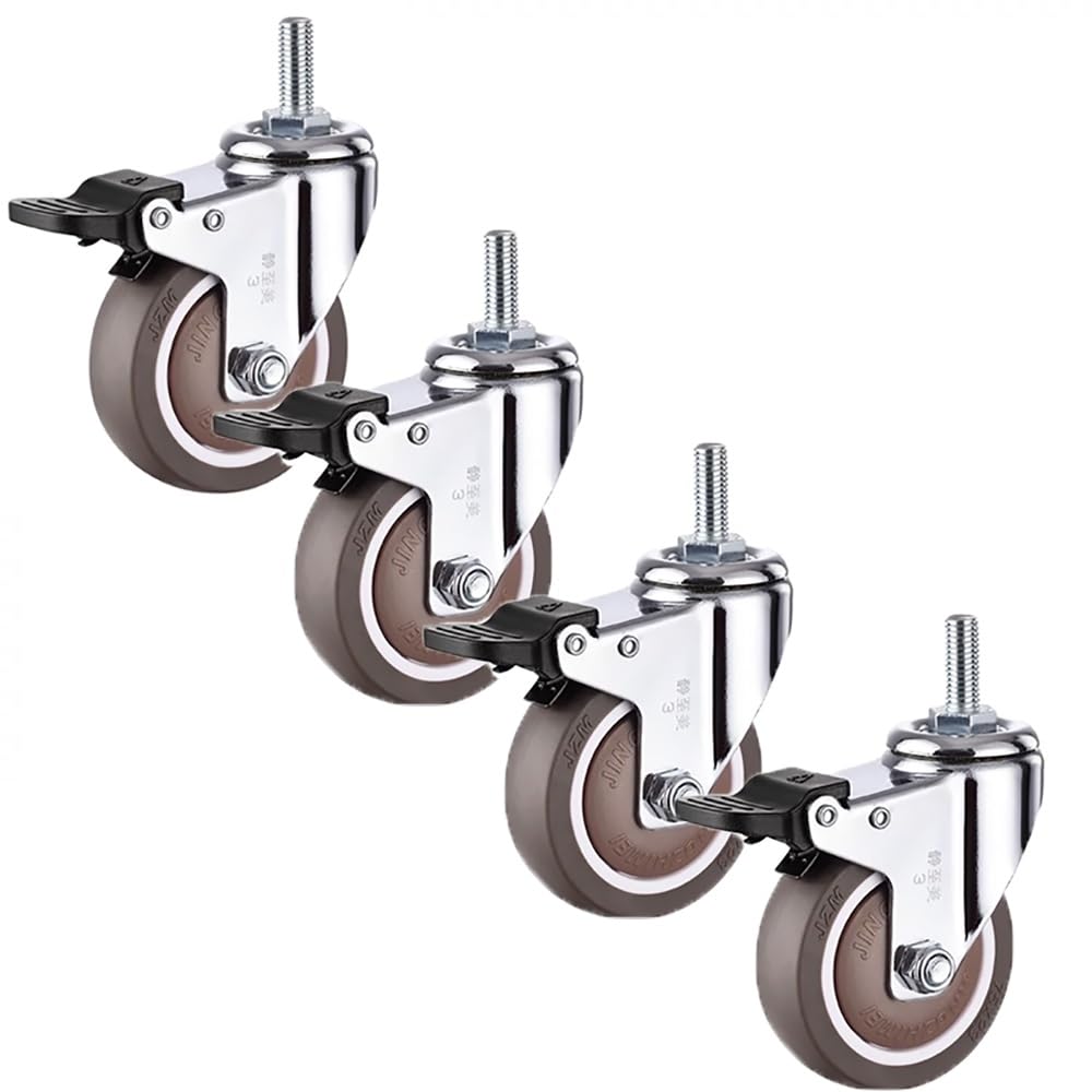 Stelo Filettato Ruote M10/M12, Silenziose Ruote in Gomma 3 Pollice, Ruote Pivottanti con Freni per Carrelli, Mobiletti, Moquette, 4 Pezzi(with Brake,M12x25)