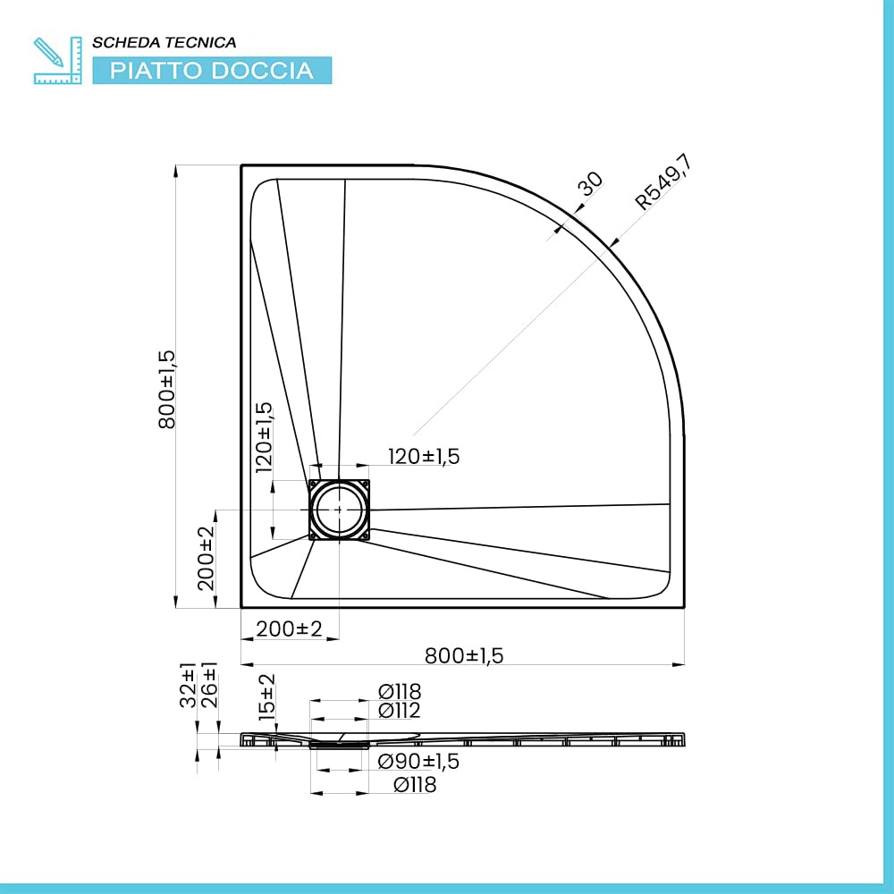Piatto doccia 80x80 cm semicircolare bianco effetto pietra in resina, ultra slim con spessore 3 cm, riducibile su misura, AGORA’
