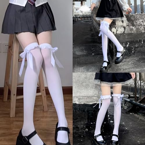 Image of Thigh High Stockings with Bow, Santa Accessory Y2K Fishnet Socks with Lace Brim Lingerie Tights for Women