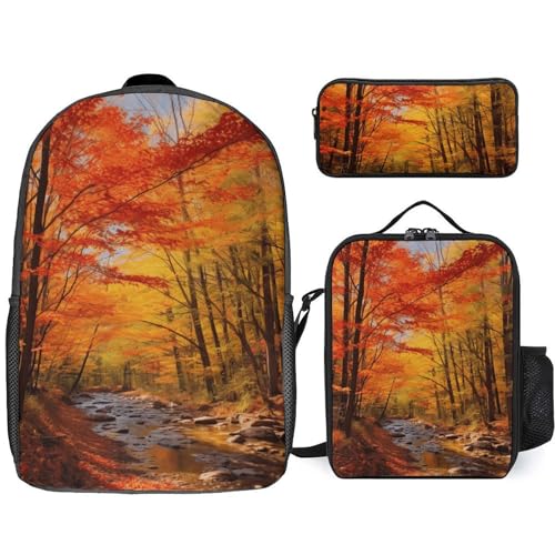 3 Piece Backpack for Women Men Lightweight Causal Daypack Shoulder Bag Set with Insulated Lunch Bag And Pencil Case Organizers Fall Foliage