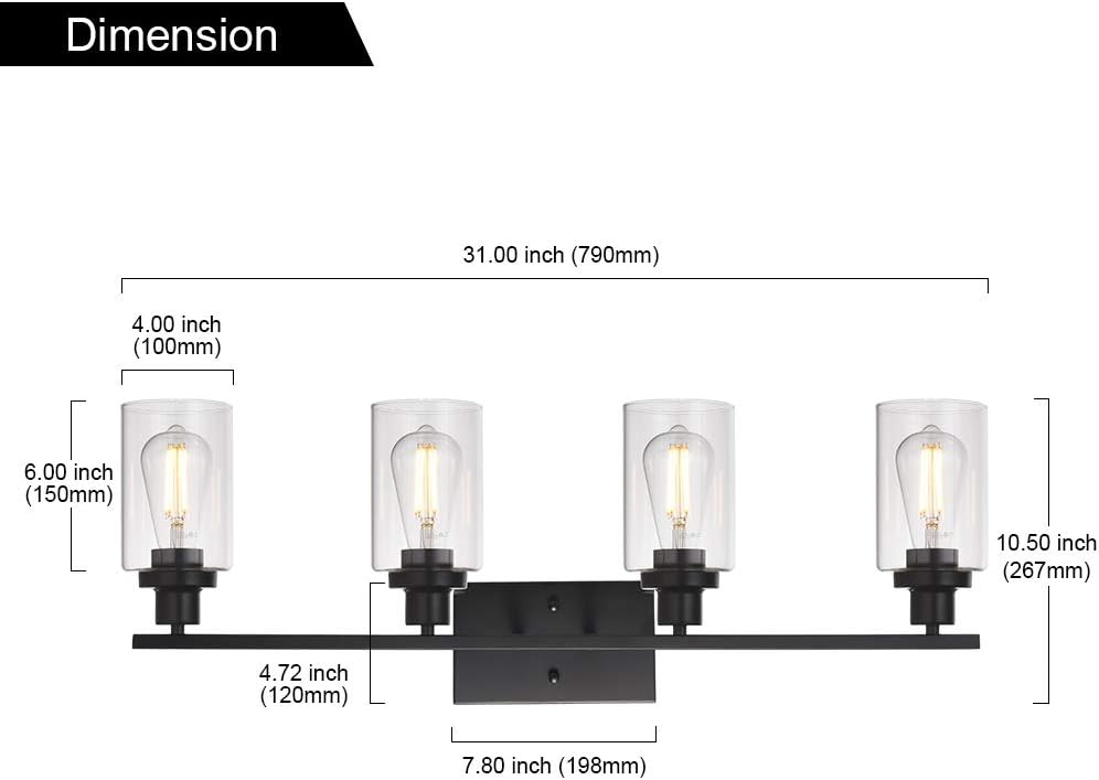 Up To 60% OFF MELUCEE 4 Lights Sconces Wall Lighting Black with Clear Glass Shade, Industrial Bathroom Light Fixtures Vanity Lights Porch Light Fixtures Wall Mount