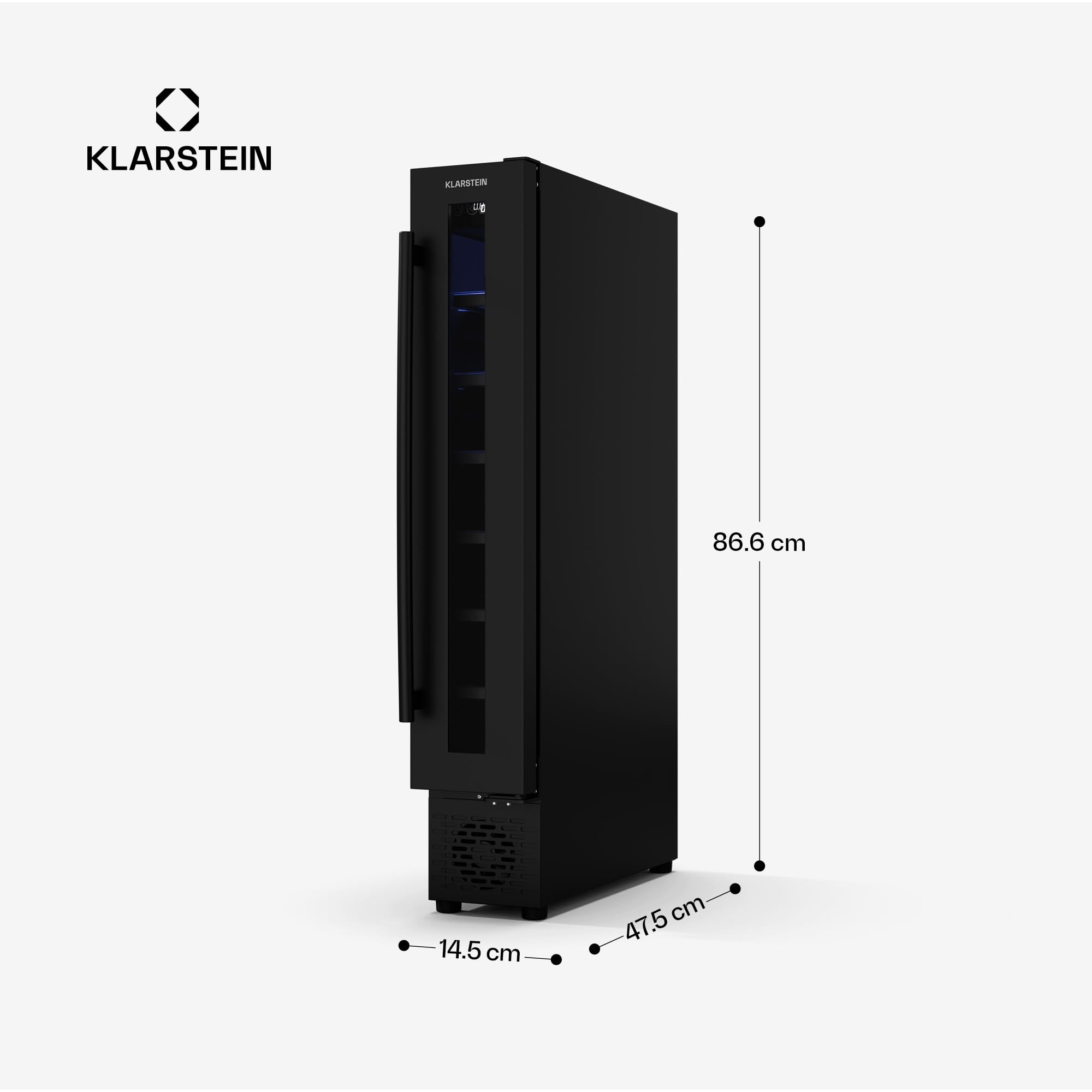 Klarstein Vinovilla 7 Uno - Frigorifero per Vini da Incasso, 7 Bottiglie, 1 Zona, 5-18°C, Illuminazione LED, Funzionamento Silenzioso, Nero Opaco, Frigorifero per Vini Stretto