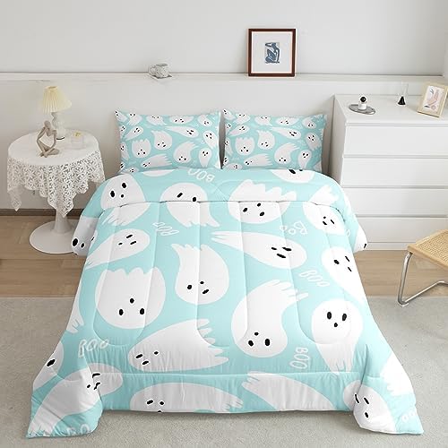 Teal Blue White Bedding Set for Boys Girls,Cute Cartoon Ghost Style All Season Cozy Comforter Set Full Size,Kids Skull Ghost Duvet Set Bedroom Decor,Personalized Birthday Gifts