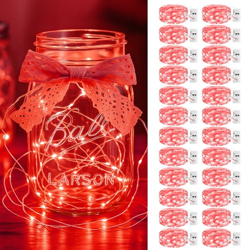 litogo 24 Pack Red Fairy Lights Battery Operated with Timer, 20 LED 3 Modes Twinkle Light, 7ft Waterproof Silver Wire Mini Small Bulk Mason Jar String Light, Decor for Wedding Party Christmas