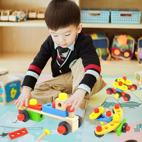 Image of Wooden Tool Kit for Kids | Pretend Play Construction Toy Set | STEM Educational Mechanic Set for Boys and Girls (Ages 3-8) (Wooden Tool Kit 69Pcs)