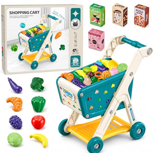 Toyana Kids Shopping Trolley Toy - 18 PCs Realistic Supermarket Play Set with Push Along Cart Pretend Fruit & Vegetable Food Accessories Educational Role Play Gift for Children 3+ Years