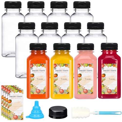 TOMNK 12pcs 8oz Plastic Juice Bottles with Caps Empty Reusable Clear Bottles with Label Funnel and Brush Beverage Containers Bulk with Lids for Juicing Smoothies Fridge