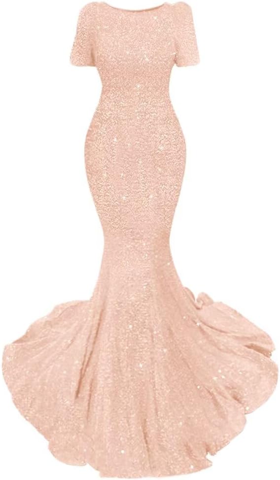Mermaid Sequin Prom Dresses 2026 Long with Pockets Round Neck Formal Evening Party Gowns for Women