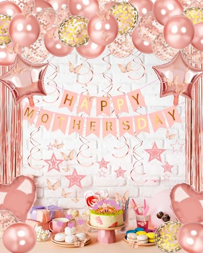 Image of Lutoys Rose Gold Happy Mothers Day Decorations, Happy Mother's Day Banner, Rose Gold Foil Heart Star Confetti Balloons Curtain Backdrop Hanging Swirls Party Decor for Mom Women