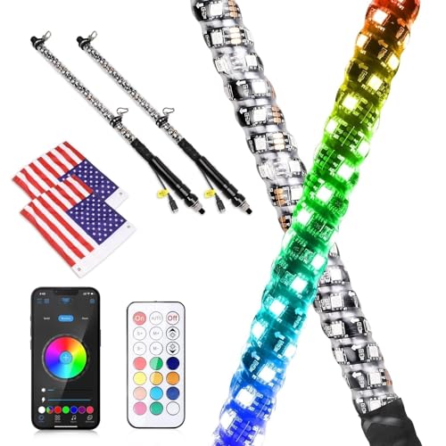 Image of LED Whip Lights, AKD Part 2PCS 2FT UTV ATV Lighted Whips Bluetooth APP /Remote Control RGB LED Whips Antenna Flags for UTV SXS Side by Side Trucks RZR Can-Am Kawasaki Honda Yamaha Accessories