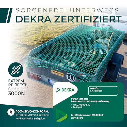 CargoVA® Intelligentes Anhängernetz 2,3x2,3M [DEKRA Geprüft] - Pritschennetz mit Gummiseil und Eckenmarkierung - zur perfekten Ladungssicherung