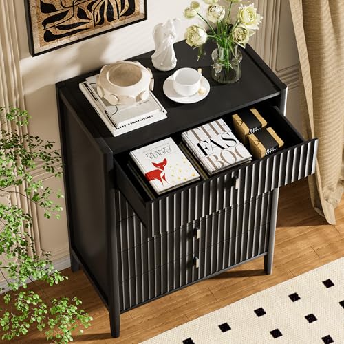 Image of Furniway Black 5 Drawer Dresser, 31.5 inch Wide Modern Chest of Drawers with Fluted Front and Metal Handles, Storage Dresser for Bedroom, Living Room, or Entryway