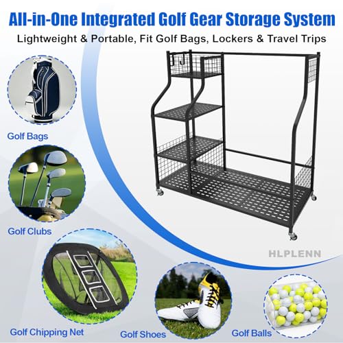 Golf-Bag-Storage-Organizer-Rack-for-Garage-for-Golf-Bag-Clubs-300LBS-Max-Capacity-Built-in-Lockable-Wheels-2-Hooks-Fit-2-Golf-Bags-for-Garage-Home-Club-Basement