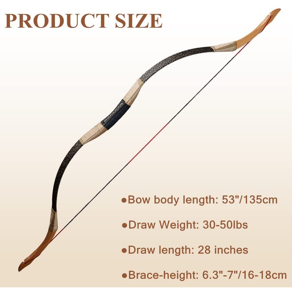 Huntingdoor Longbow Set Arco e Freccia per Adulti 30-50lbs Arco Tradizionale Arco Ricurvo Arco da Cavallo con Frecce in Legno Accessori per Tiro con L'Arco per Pratica del Bersaglio (50lbs)
