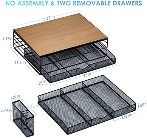 ARCOBIS 2-Tier Monitor Stand with 2 Storage Drawers & Pen Holder, Desk Riser Stand with Wood and Mesh Metal Organiser for Laptop, Computer, PC, Printer, Max Load Capacity 18KG
