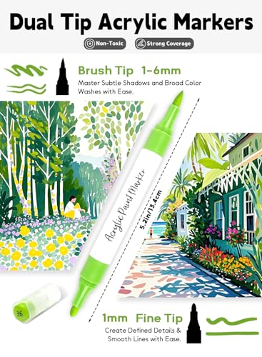 Image of 48 Colors Acrylic Paint Markers with App Dual Brush and Fine Tip Paint Pens | Multi-surface | Odorless | Free APP | Water-based | for Eggs Wood Rock Canvas Fabric Plastic Stone Glass Ceramic DIY Crafts