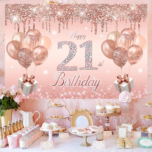 Image of 21st Birthday Decorations for her,Banner,Backdrop, it's my 21st Birthday Sash, Sweet Rhinestone Tiara Crown,Balloons