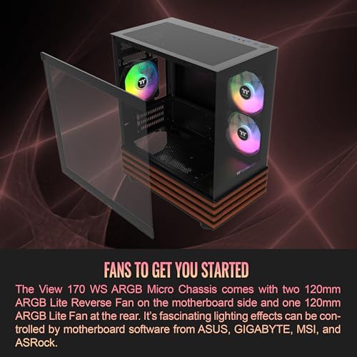 Image of Thermaltake View 170 WS ARGB; Micro Chassis; Bottom Wood Trim; 3x120mm ARGB Lite Fans Included; 340mm GPU Clearance; 160mm Air Cooler Max Height; mATX /mITX; Black; CA-1Z4-00M1WN-WS