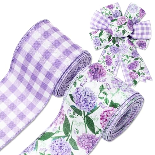 JarThenaAMCS Hydrangea Flower Wired Edge Ribbon 2.5 Inch Purple Floral Fabric Craft Ribbon Plaid Gift Wrap Ribbons for Bow Wreath Spring Summer Party Home Decor, 2 Rolls, 20 Yards