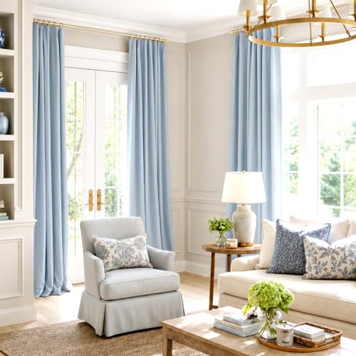 Image of INOVADAY 100% Blackout Curtains for Bedroom, Chambray Blue Black Out Curtains 90 Inch Long, Clip Rings Linen Blackout Drapes, Thermal Insulated Room Darkening for Living Room, 2 Panels - W50xL90
