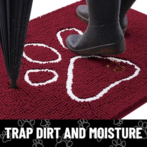 Image of Smiry Dog Door Mat for Muddy Paws, Absorbent Dirt Trapper Non Slip Quick Dry Washable Chenille Mat for Mud Dogs, Entry Rug for Indoor and Outdoor (47x24 Inches, Burgundy and White)