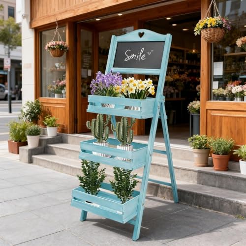 SODONAD Wooden Plant Ladder Stand, 3 Tier Ladder Shelf, Outdoor Farm Stand with Chalkboard, Foldable Ladder Shelf Display Stand for Plants, Flower Shops, Gardens, Balconies Decorative, 42.9" H