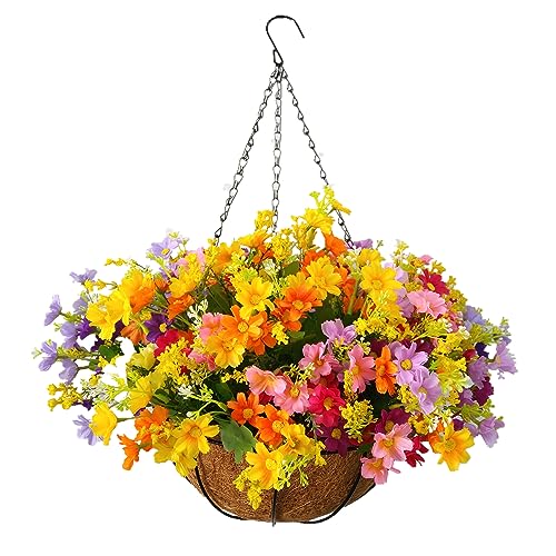 Mynse Flo Daisy Flower Artificial Hanging Plant Home Balcony Indoor Outdoor Decor Fake Flower Hanging Basket with Chain Flowerpot (Big Basket with Artificial Daisy Flowers) Flo