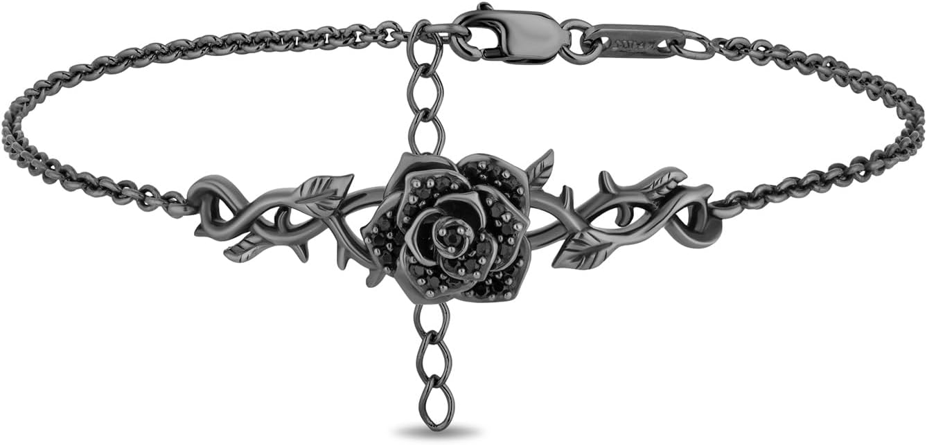 Jewelili Enchanted Disney Fine Jewelry Maleficent Bracelet for Women | Black Rhodium over Sterling Silver | 1/5 CTTW White Diamonds | Villain Inspired Jewelry Gifts for Her