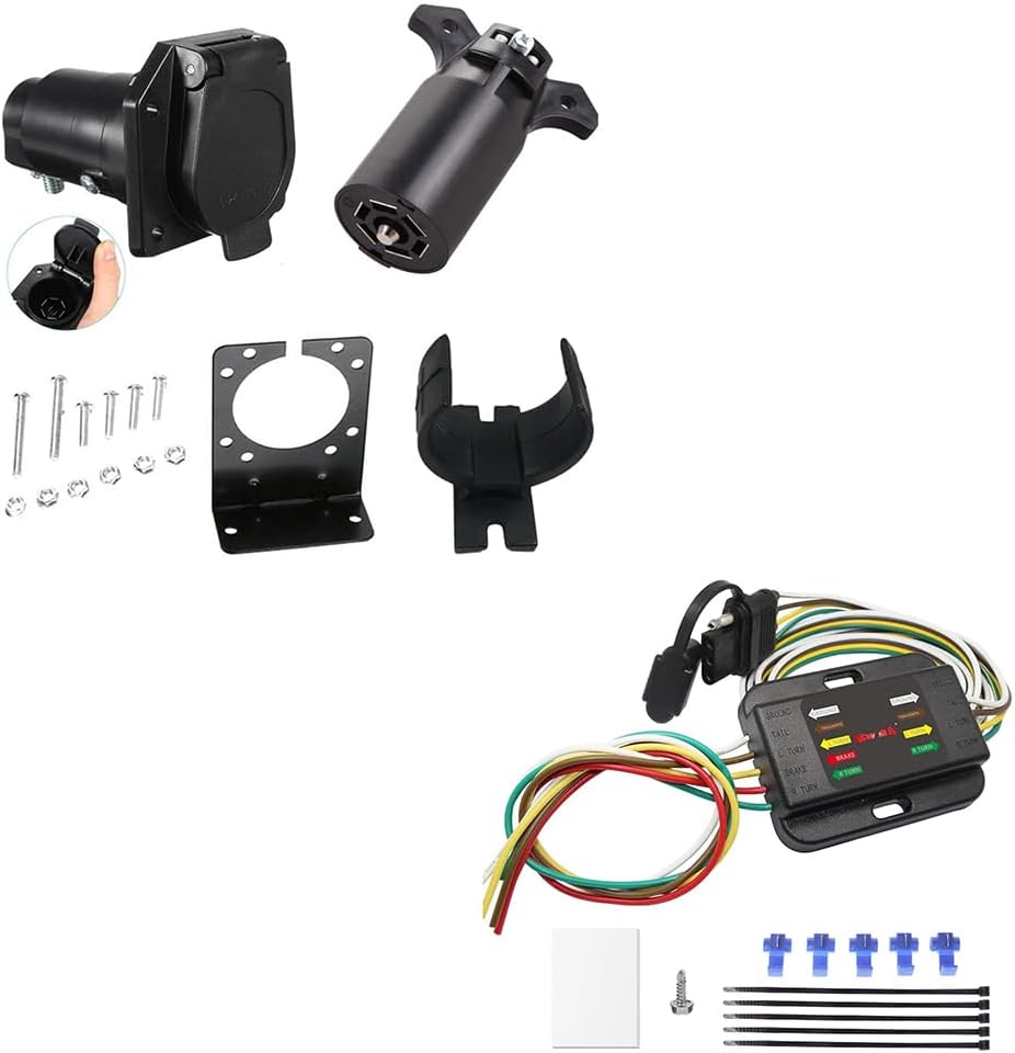 NEWSUN® Trailer Electrical Bundle: Complete 7 Pin Plug & 7 Way Socket Set (Blade Connector, Heavy Duty Mounting Bracket, Waterproof) + 3-Way to 2-Way Tail Light Converter (100% Copper, 5-Wire to 4-Pin