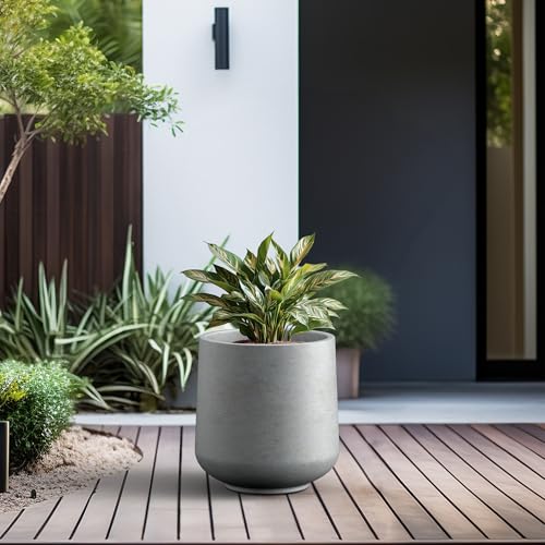 Image of Kante Large Round Curved Pale Gray Concrete Planter 16.5 inch Dia, Outdoor | Rubber Plug for Indoor, Drainage for Garden, All-Weather Cement Tree Pot, Handcrafted, Anti-Frost & UV, Modern Home Decor