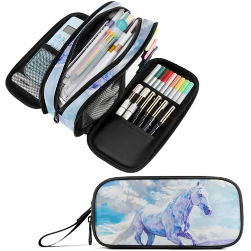 Image of Fustylead Watercolor White Horse in Lavender Field Pencil Pen Case with 3 Compartments, Lightweight & Spacious Stationery Bag Cosmetics Bag