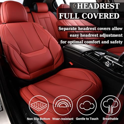 Image of Coverado Car Seat Covers Full Set, Car Seat Protector Waterproof, Nappa Leather Car Seat Cushion, Red Seat Covers for Cars, Front Seats and Back Universal Fit for Most Cars