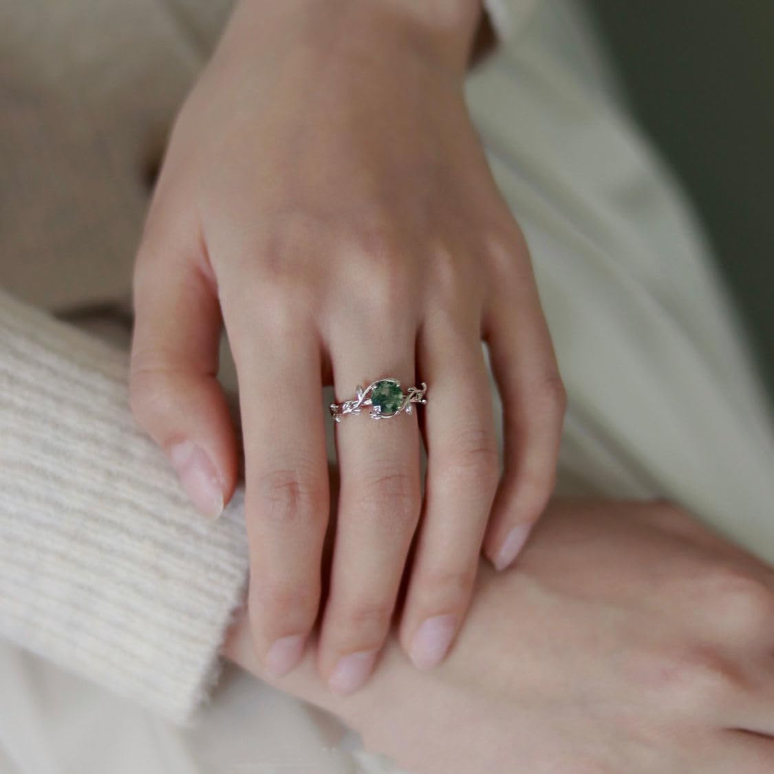 Blocaci Natural Moss Agate Engagement Rings for Women White Gold 1CT Moss Agate Rings Platinum Plated Silver 10K 14K 18K Gold Twisted Leaf Anniversary Promise Rings for Her with Text Engraving