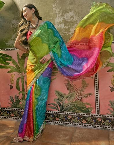 Image of SIRIL Women's Chiffon Scalloped Border Sequins Embroidery Saree with Unstitched Blouse Piece